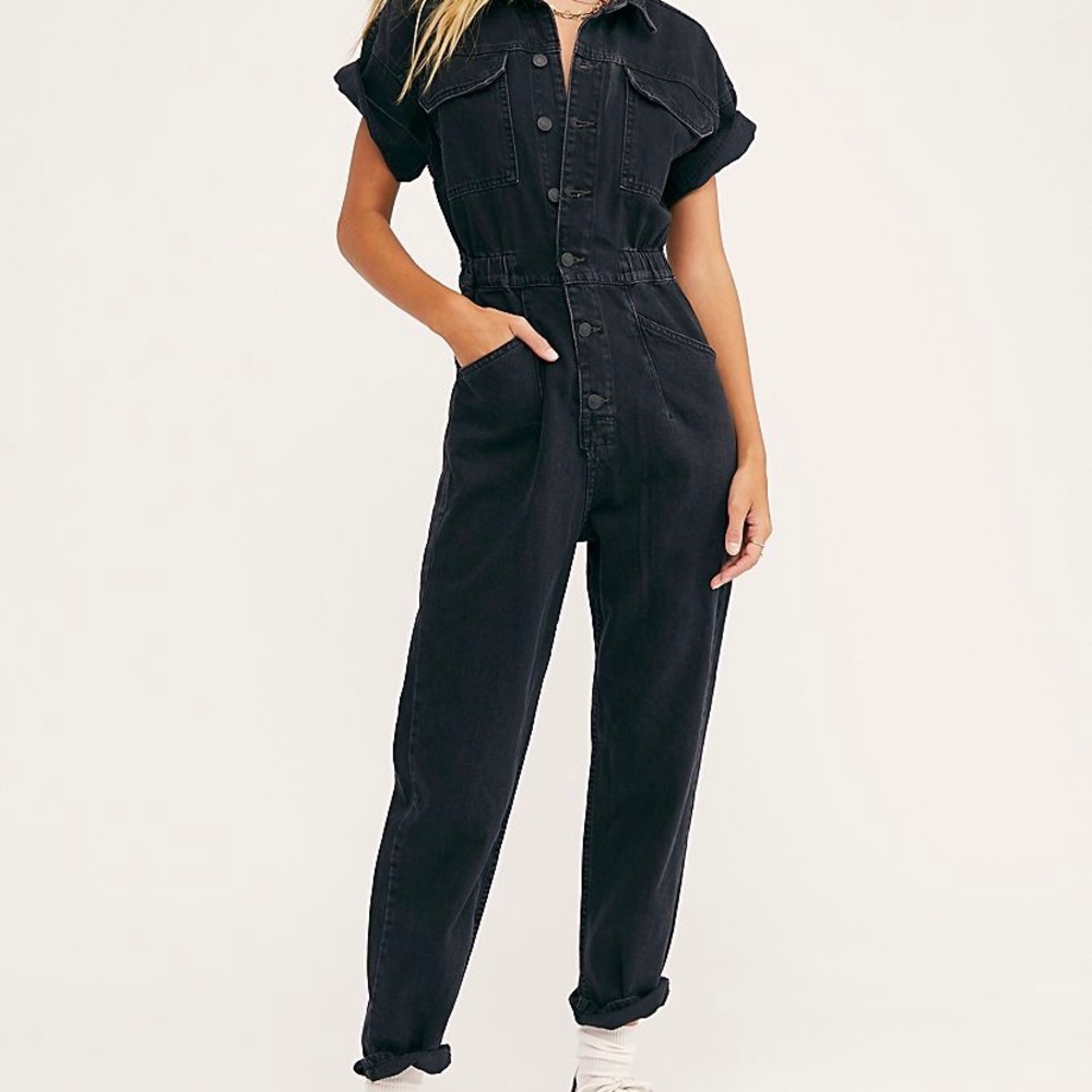 Marci Point Collar Button Front Short Sleeve Utility Jumpsuit